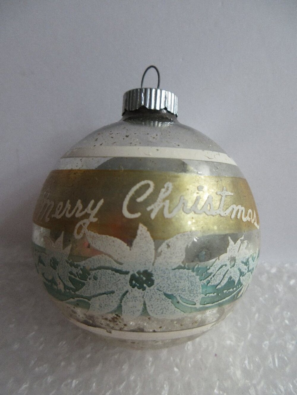 Shiny Brite Striped Stencil Merry Christmas Poinsettia Glass Ornament 10 Ct Cap